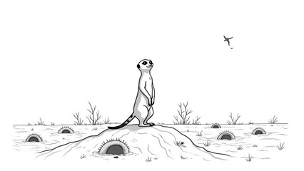 Meerkat colony line drawing, desert scene with burrows, cute animals to color, kids activity page, simple wildlife art.