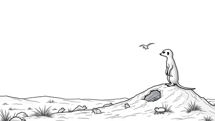 Meerkat colony line drawing, desert scene with burrows, cute animals to color, kids activity page, simple wildlife art.
