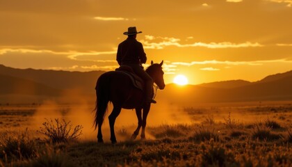Rider on horseback watching sunset open field nature scene tranquil environment scenic view freedom concept