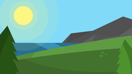 Cartoon Mountain Landscape with Trees, Lake, and Bright Sun in Flat Style
