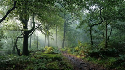 Naklejka premium Dense forest at dawn with early morning mist covering fallen leaves and visible animal tracks on the ground, creating a peaceful and mysterious natural wilderness scene in soft morning light.