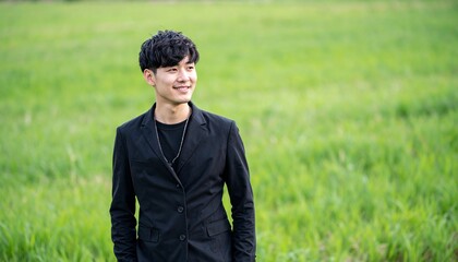 Fototapeta premium 黒を基調とした装いで草原に佇む日本人男性が、柔らかな笑みを浮かべることで自然との調和と洗練を感じさせる構成。