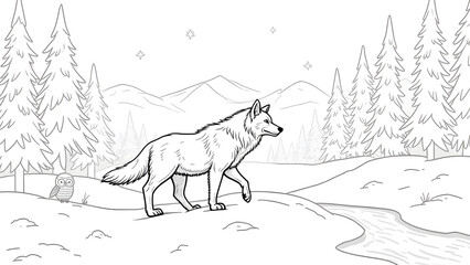 Arctic wolf outline, winter forest scene, majestic animal drawing, kids coloring page, snowy wildlife art.