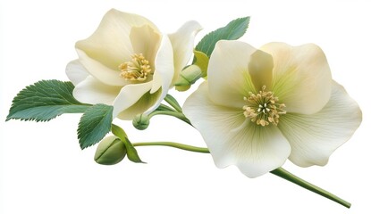 Obraz premium Delicate White Flowers with Green Leaves on Light Background