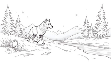 Arctic wolf outline, winter forest scene, majestic animal drawing, kids coloring page, snowy wildlife art.