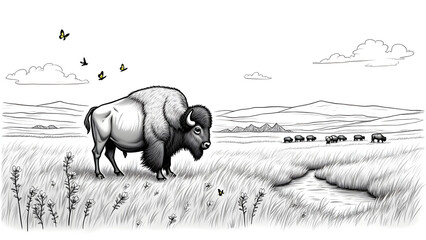 American bison outline, prairie landscape, grazing animal coloring page, North American wildlife, kids nature art.