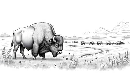 American bison outline, prairie landscape, grazing animal coloring page, North American wildlife, kids nature art.