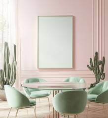 Elegant Dining Space with Mint Green Chairs and Pale Pink Walls