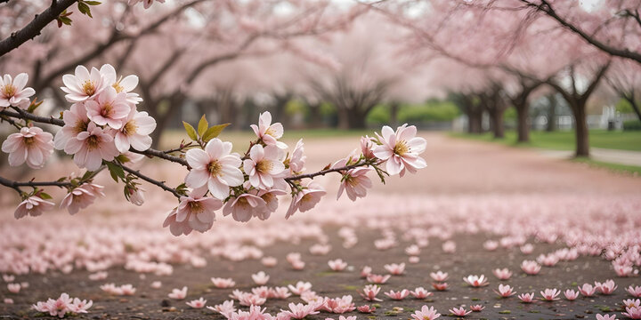  Cherry blossom branch with pink flowers, fallen petals on the ground, cherry trees in the background, spring season, soft light, nature scene - Powered by Adobe