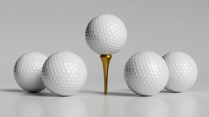 A product photography composition of five white golf balls arranged in a circular pattern against a pure white background