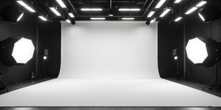 High-Contrast Photography Studio with Seamless Backdrop A professional photo studio featuring a large, matte-black cyc wall and a crisp white