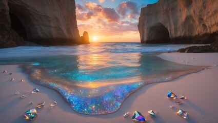 Ocean Waves Lapping on Beach at Sunset with Iridescent Gems