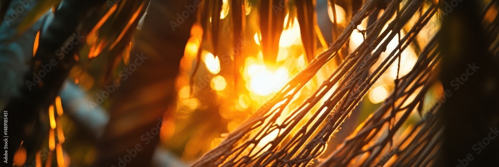Poster sunset glow filtering through a beach hammock with palm trees at twilight over a tropical scene