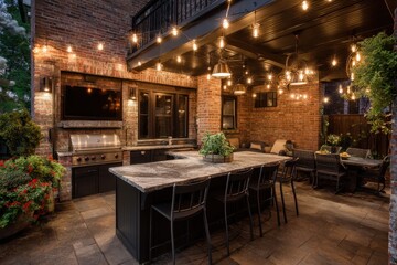 Fototapeta premium Outdoor kitchen patio area with string lights