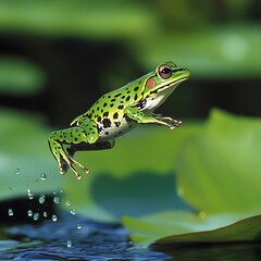 Obraz premium Frog Leaping Across Lilies : Emerald-green body speckled with black spots, launching off a lily pad into mid-air. Dewdrops clinging to leaves enhance the natural setting, while vibrant colors 