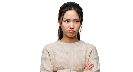 Young Asian woman with a skeptical expression and arms crossed indoors