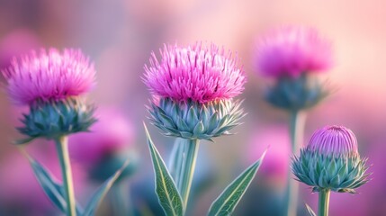 Obraz premium Gentle pink thistle blooms with a soft, dreamy background, a soothing floral arrangement