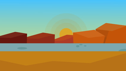 Cartoon Desert Landscape with Rocks and Sunset in Flat Vector Style