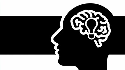 Obraz premium Brain inside head, lightbulb shape, idea symbol. Black & white design