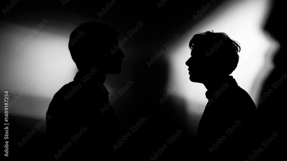 Poster silhouettes of two men against a dramatic background with soft light and shadows creating a mysterio