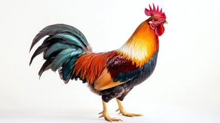 Fototapeta premium Vibrant Rooster Portrait with Colorful Feathers on White Background