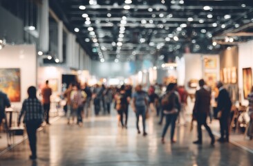 People at art exhibition in blurry scene