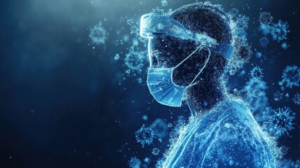 Nurse figure made of pixelated particles dissolving into virus clouds, covid, digital healthcare stress concept. 