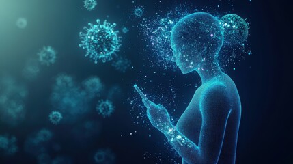 Nurse figure made of pixelated particles dissolving into virus clouds, covid, digital healthcare stress concept. 