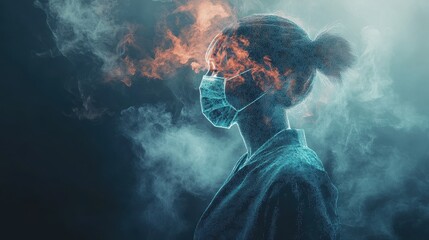 Nurse figure made of pixelated particles dissolving into virus clouds, covid, digital healthcare stress concept. 