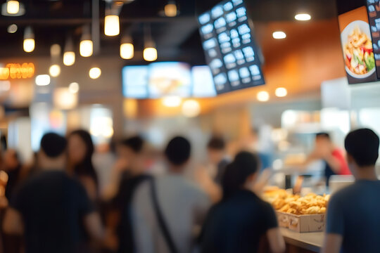 Blurred background of fast food restaurant full of people