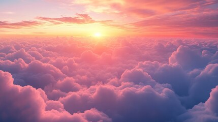 Celestial canvas of dreams, sunlit pink clouds drift in serene atmospheres