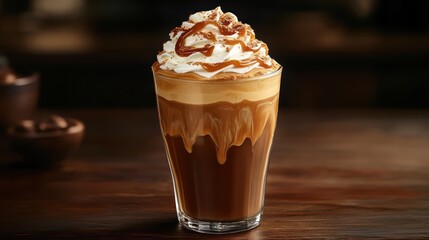 Indulgent caramel coffee beverage layered with whipped cream on wooden surface