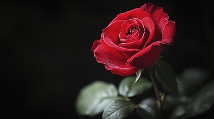 Elegant macro shot of a velvety red rose blooming against a dark backdrop