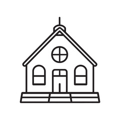 Minimalist outline shows church with steeple, round window, and steps on transparent background