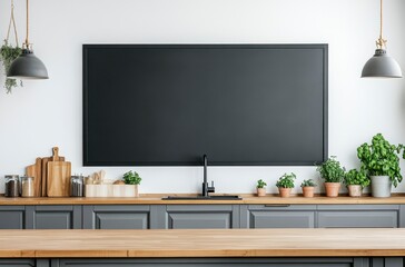 Modern Kitchen Interior with Plants and Blackboard Wall Design