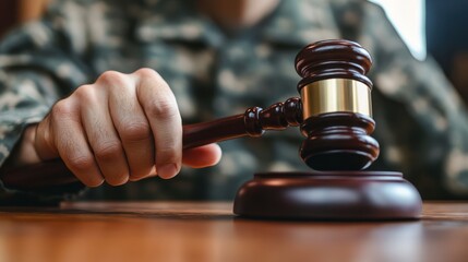 Military justice represented by a soldier holding a wooden gavel firmly