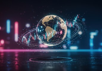 Obraz premium Globe with data visualization elements on a reflective surface with colorful background.