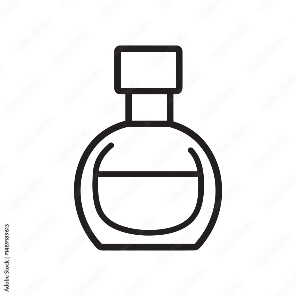 Poster minimalist perfume bottle line icon showing a round body and square cap on transparent background