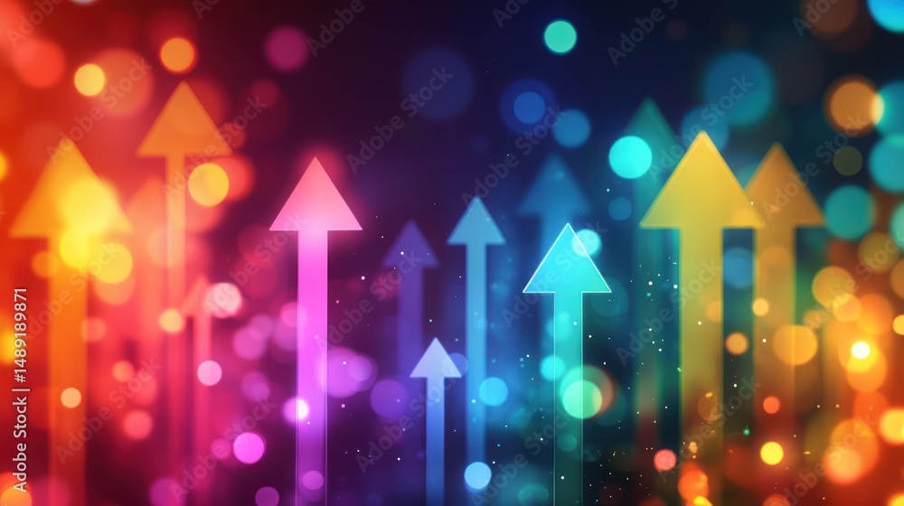 Poster dynamic upward trajectory: colorful arrows ascending amidst abstract bokeh