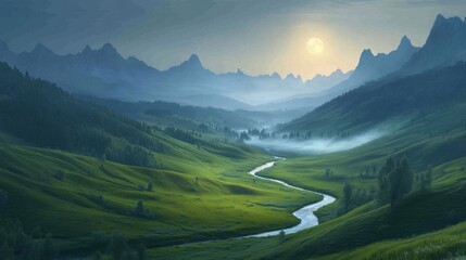 Serene Mountain Landscape with Moonlight Overlooking a River