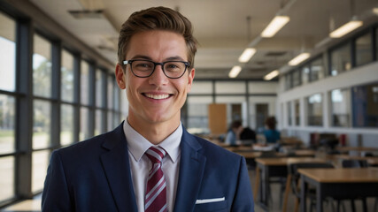 Fototapeta premium Smiling professional portrait of a young business person, wearing glasses, a blue suit and a red and white tie, with a office background.