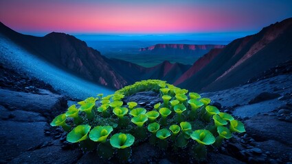 Green Plants Growing on Mountain Overlook with Colorful Sky