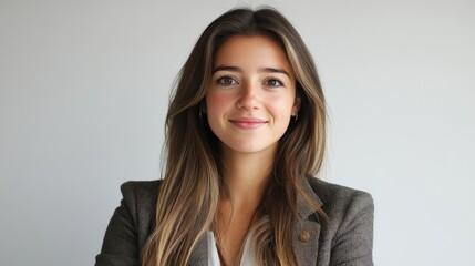 Obraz premium A confident young woman in a professional outfit smiles warmly at the camera, showcasing a modern office background with soft lighting, ideal for corporate or lifestyle imagery