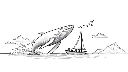 Jumping whale outline with splashing water, sailboat, and seagulls. Kids coloring page with ocean adventure theme.