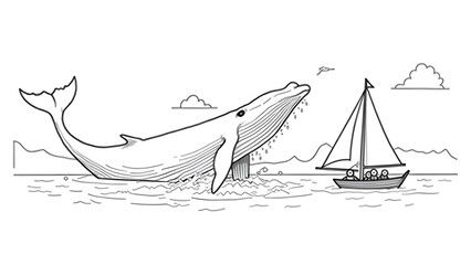 Jumping whale outline with splashing water, sailboat, and seagulls. Kids coloring page with ocean adventure theme.