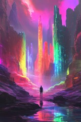 Fototapeta premium Surreal Landscape with Colorful Mountains and Silhouette of Person