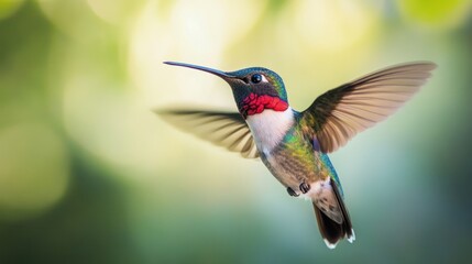 Naklejka premium Ruby-throated hummingbird displaying its stunning plumage in mid-flight against soft background
