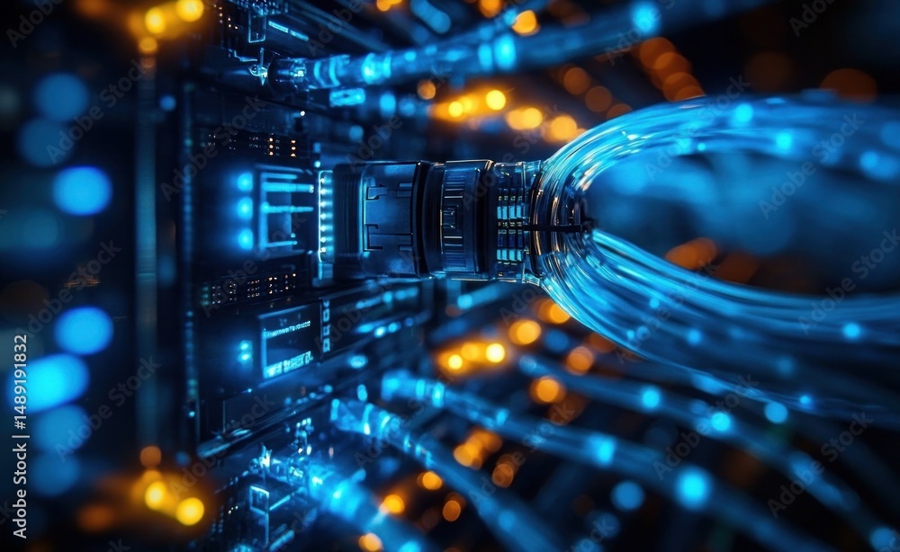 Poster close-up of glowing blue network cables plugged into a server with illuminated orange and blue light