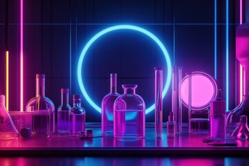 Futuristic neon beauty lab with glowing tubes and glass bottles in vibrant purple and blue hues set against a dark background