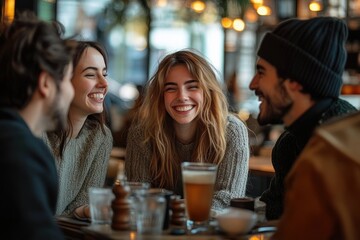 Group of four friends sitting closely together at a table in a cozy indoor setting, laughing and enjoying each other's company with drinks and casual attire